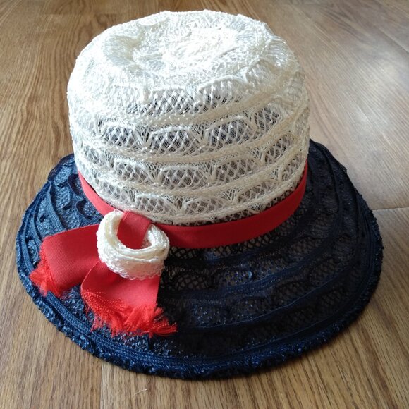 Vintage Red, White and Blue Hat Mesh Lace Helen Joyce Original 20.5" Retro - Picture 9 of 9